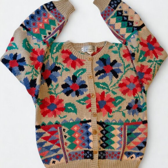 The Eagles Eye Floral Knit Sweater Wool Beige Retro Cottagecore Cardigan L - Picture 7 of 12